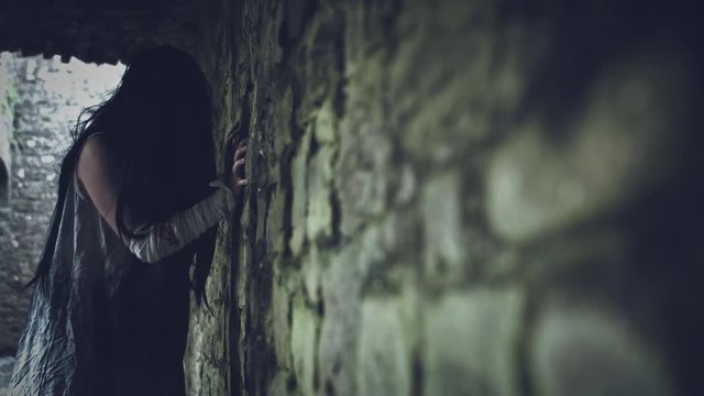 4k Horror Psycho Woman Crawling on the Wall