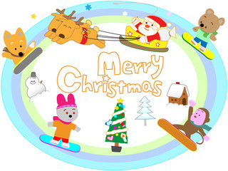 クリスマスの日に動物と一緒にウィンタースポーツで遊ぶサンタクロース。