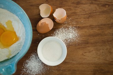 Overhead view of egg and flour