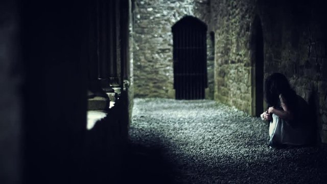 4k Horror Psycho Woman Shaking Abandoned in Castle