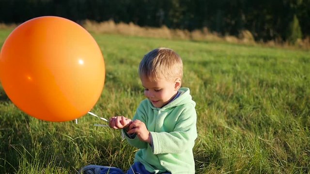 Cute boy standing with balloons in field
