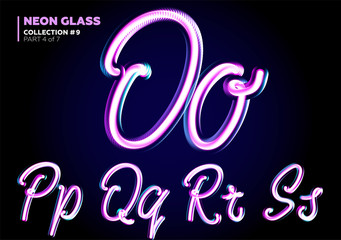 Neon Glowing 3D Typeset. Font Set of Glass Letters. Glossy Pink and Blue Colors. Night Glow Effect.