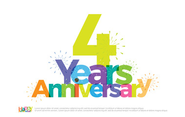 4 years anniversary celebration colorful logo with fireworks on white background. 4th anniversary logotype template design for banner, poster, card vector illustrato