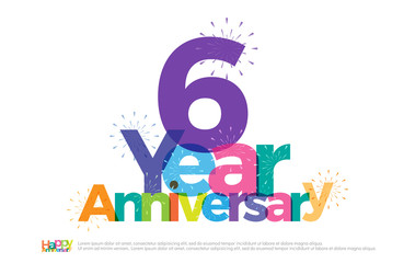 6 years anniversary celebration colorful logo with fireworks on white background. 6th anniversary logotype template design for banner, poster, card vector illustrator - obrazy, fototapety, plakaty