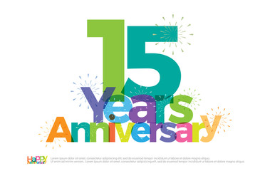 15 years anniversary celebration colorful logo with fireworks on white background. 15th anniversary logotype template design for banner, poster, card vector illustrator