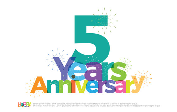 5 years anniversary celebration colorful logo with fireworks on white background. 5th anniversary logotype template design for banner, poster, card vector illustrato