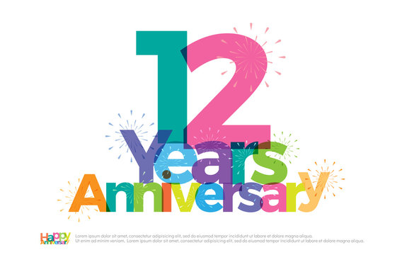 12 years anniversary celebration colorful logo with fireworks on white background. 12th anniversary logotype template design for banner, poster, card vector illustrator