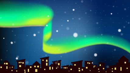 Fototapeta premium Aurora dancing above city at night with snowfall