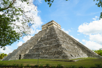High maya pyramid of Kukulkan in Mexico. Ancient symbol of architecture at summer cloudy day