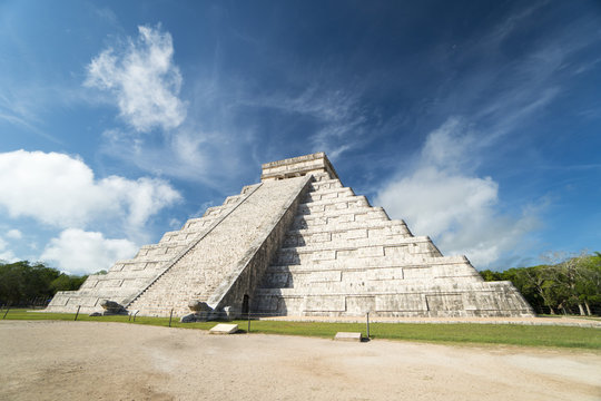 Maya temple pyramid of Kukulkan in Mexico. Ancient symbol of architecture at summer sunny day
