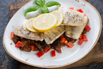 Closeup of roasted sudak fish with vegetable saute, selective focus, studio shot