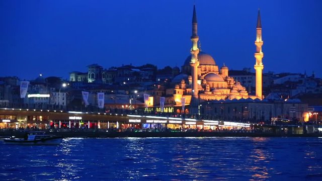 The Yeni Cami, meaning New Mosque. It is situated on the Golden Horn, at the southern end of the Galata Bridge, and is one of the famous architectural landmarks of Istanbul.