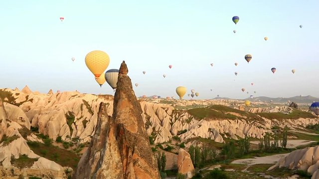 Hot air balloon in the air in Cappadocia, Turkey