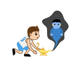 Young Boy with Genie and Magic Lamp