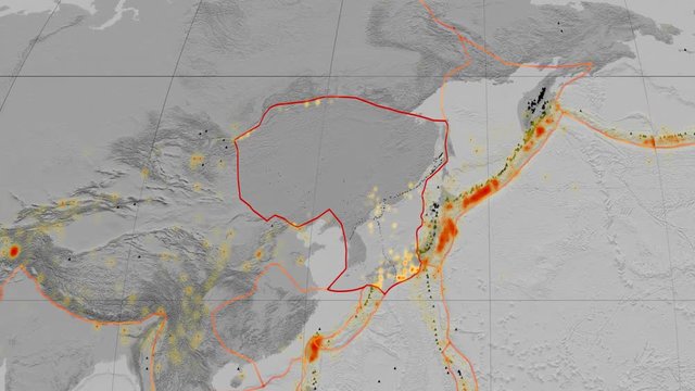 Amur tectonics featured. Elevation grayscale. Kavrayskiy VII projection