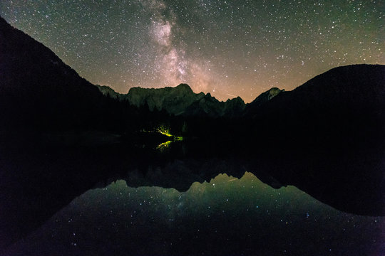 Milky way at the lake of Fusine, Italy