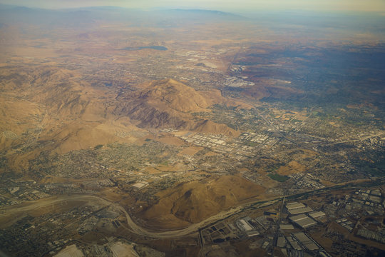Aerial view of Colton, view from window seat in an airplane