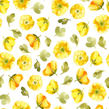 Seamless Pattern Of Watercolor Yellow Flower Isolate On White Background. Wildflowers For Wedding Cards.