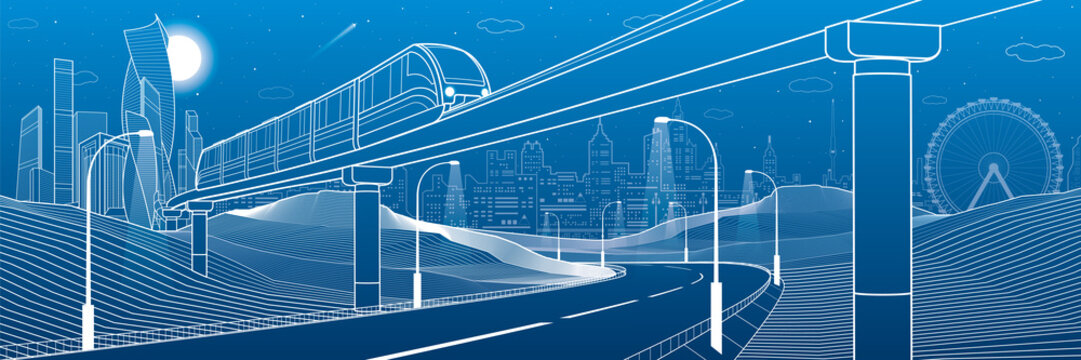 Monorail in mountains. Illuminated highway. Transportation illustration. Tower and skyscrapers, modern city, business buildings. Night scene. White lines on blue background. Vector design art