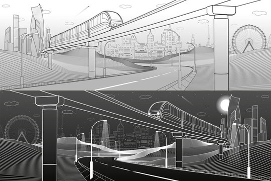 Monorail in mountains. Illuminated highway. Transportation urban illustration. Tower and skyscrapers at background, modern city, business buildings. White and gray lines. Vector design art