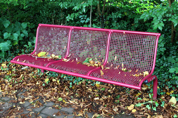 Yellow leaves of lilac bench. Autumn in the park.