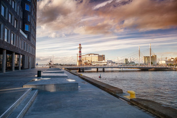 Beautiful cityscape, Malmo Sweden, canal at sunset