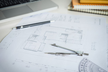 blueprint paper drafting project sketch architectural, dividers, ruler, engineering tools on workplace