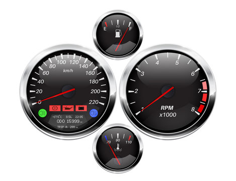Car dashboard. Black round gauges with chrome frame