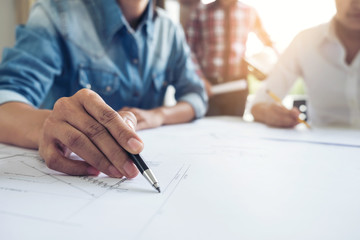 Architecture Engineer Teamwork Meeting, Drawing and working for architectural project and engineering tools on workplace, concept of work on technical drawings
