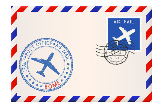 Envelope with ROME stamp. International mail postage with postmark and stamps