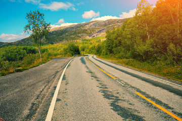 Driving a car on a mountain road. Nature Norway