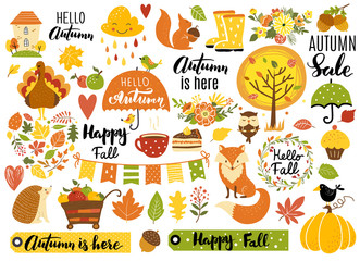 Naklejka premium Jesienny zestaw, ręcznie rysowane elementy - kaligrafia, jesienne liście, zwierzęta leśne, wieńce i inne. Idealny dla sieci, karty, plakatu, okładki, tagu, zaproszenia, zestawu naklejek. Ilustracji wektorowych