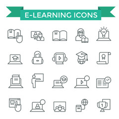 E-learning icons, thin line, flat design