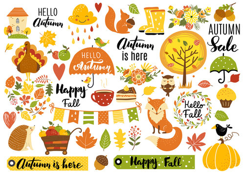 Autumn set, hand drawn elements- calligraphy, fall leaves, forest animals, wreaths, and other. Perfect for web, card, poster, cover, tag, invitation, sticker kit. Vector illustration