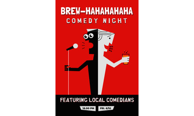  Stand up Comedy Poster with Textbox Template. A guy holding mic. A guy holding beer glass. Vector Illustration.