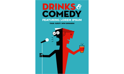  Stand up Comedy Poster with Textbox Template. A guy holding mic. A guy holding beer glass. Vector Illustration.