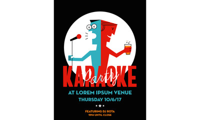 Karaoke Party Invitation Poster Design with Textbox Template. Karaoke night flyer design. A guy holding mic. A guy holding beer glass. Vector Illustration. EPS 10