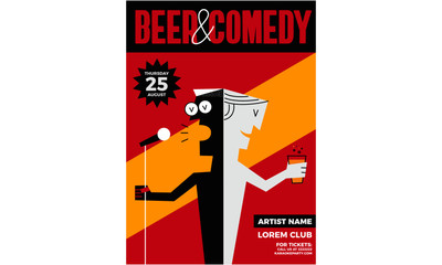 Stand up Comedy Poster with Textbox Template. A guy holding mic. A guy holding beer glass. Vector Illustration.