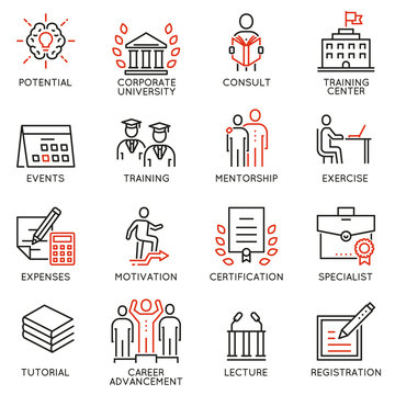 Vector set icons related to career progress, corporate management, business people training and professional consulting service. Mono line pictograms and infographics design elements - part 2