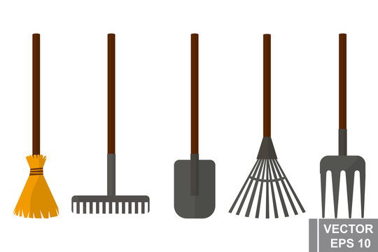Gardening Tools. Forks, shovel, broom. Job. Cleaning. For your design.