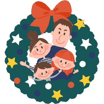 vector illustration of a family with christmas wreath