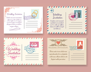 Vintage wedding postcard vector templates. Old vector marriage invitation postale cards for scrapbook or save date letters