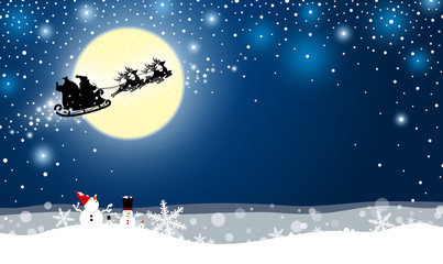 Christmas design of santa claus and reindeer in front of the moonlight