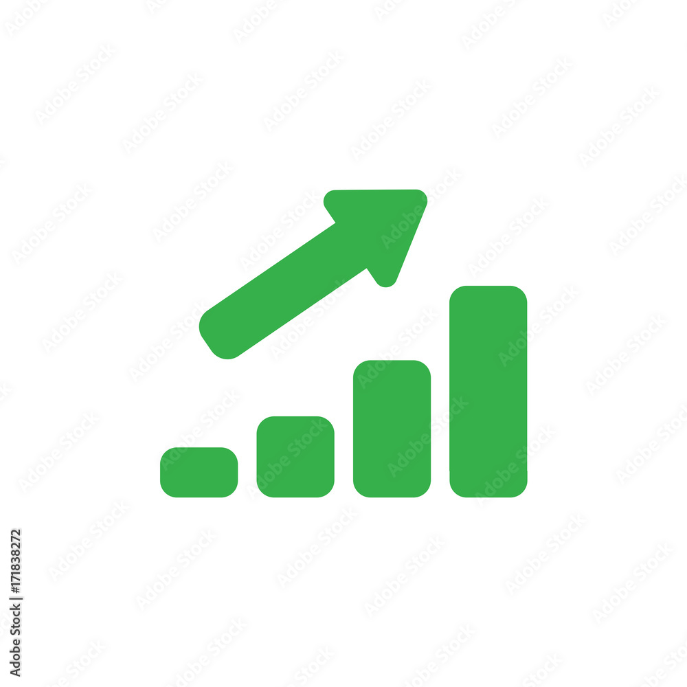 Poster flat design style vector concept of sales bar chart icon with arrow pointing up on white