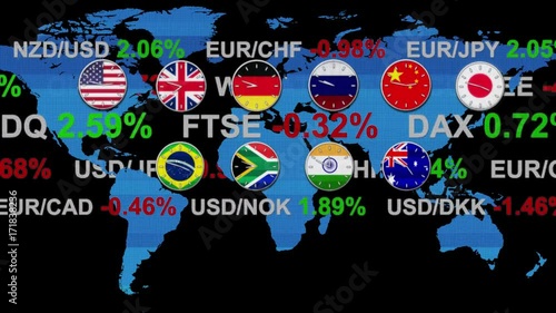 Ticker Board World Forex Stock Market News With Clocks Going In Real - 