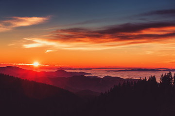 Aerial view of Sunrise over mountain and fog