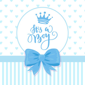 Baby shower card with a bow, crown and hearts pattern.