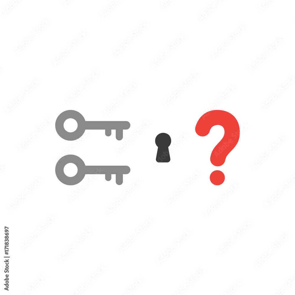 Poster flat design style vector concept of two key icons with keyhole and question mark on white