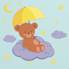 Cute bear sits on moon under an umbrella. Children's design for T-shirts, gift card.