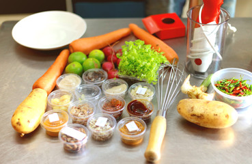 Vegetables on a cutting board on a stainless table, Prepare for cooking, Thai Seasoning